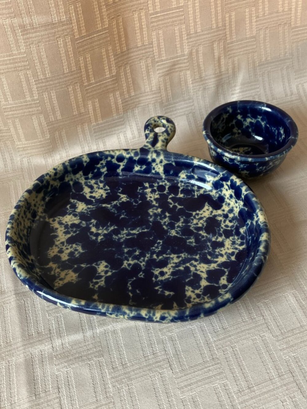 Bennington Pottery Dark Blue Agate Handled Bistro Plate & Bowl Serving Set 1897